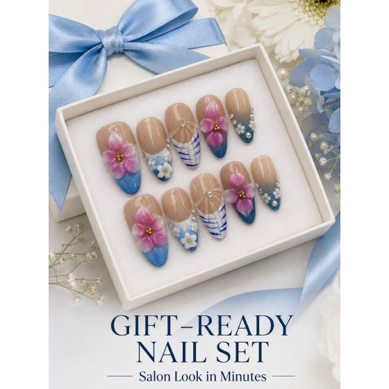 Blue‑Blossom 3D Floral Press‑On Nails, Medium‑Long Almond Handmade False Nails with Shell & Stripe Art